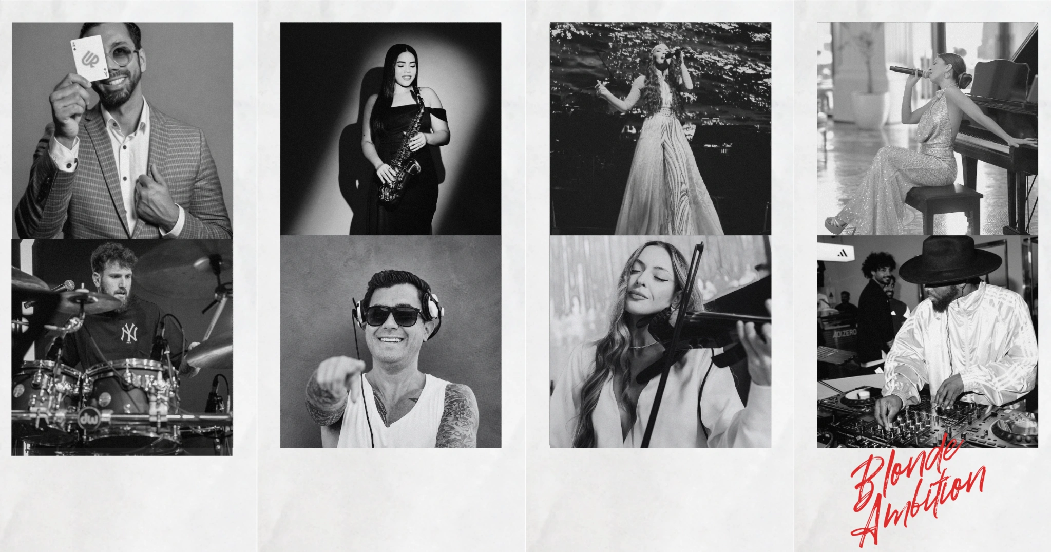 A curated collage of Blonde Ambition performers including a magician, drummer, saxophonist, DJs, vocalists, violinist and pianist