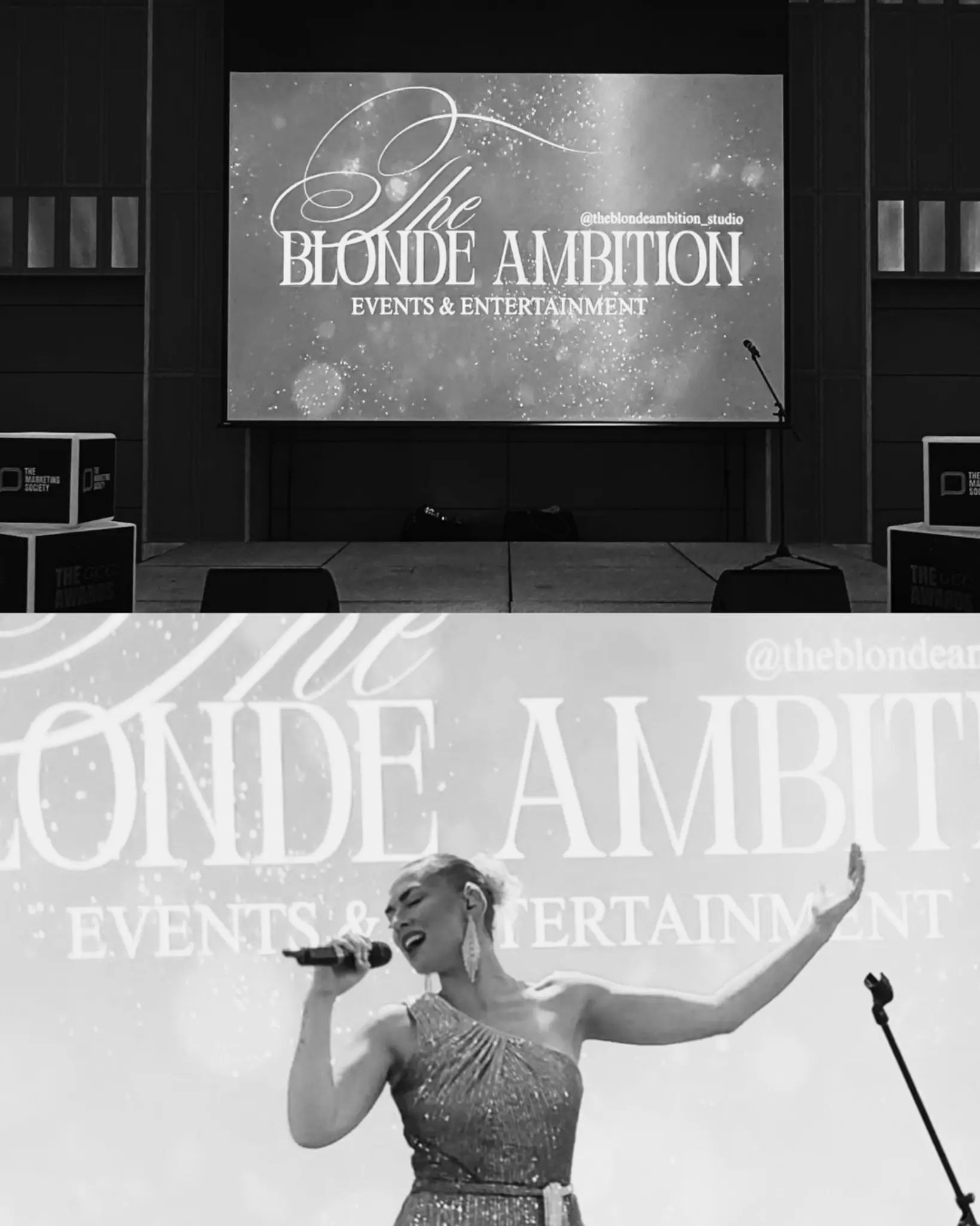 The Blonde Ambition branding on stage and a live vocalist performing at a corporate awards event